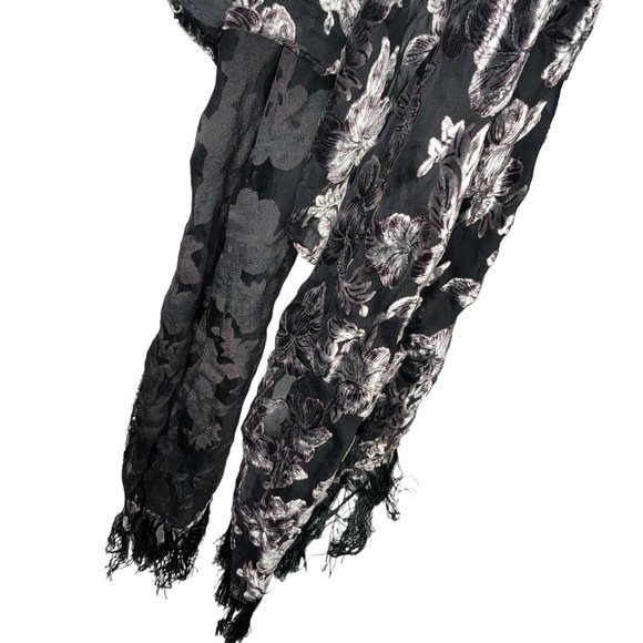 Formal scarf Black silver pure silk mesh chiffon rayon silver embroidery  170x50 - Picture 7 of 8